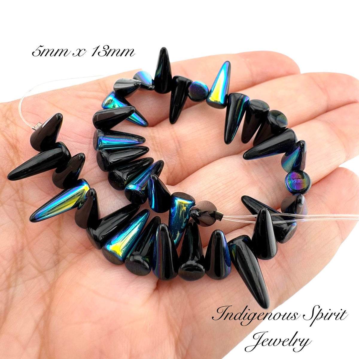 Opaque Black AB Halfcoated Preciosa Spike Beads