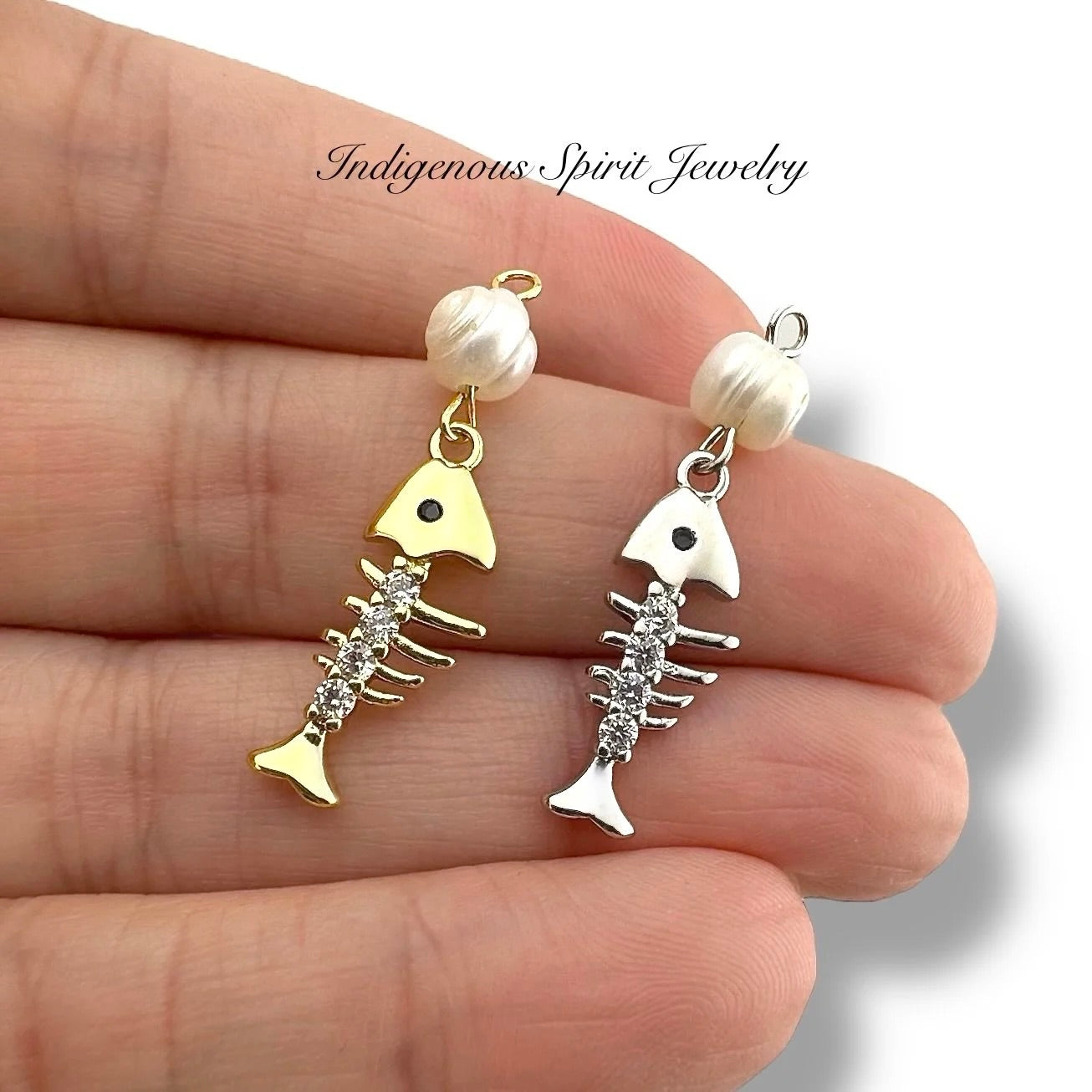 Fishbone 18k Gold Plated Charms with Zircon crystals & Mother of Pearl
