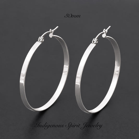 Silver Hypoallergenic Stainless Steel Flat Edge Hoop Earrings (3 sizes)