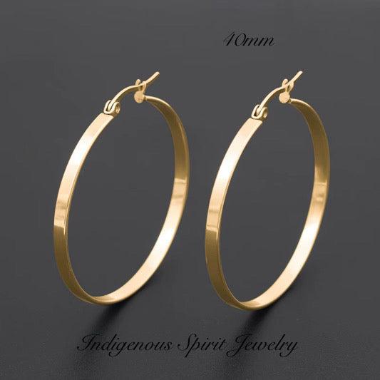 Gold Hypoallergenic Stainless Steel Flat Edge Hoop Earrings (3 sizes)