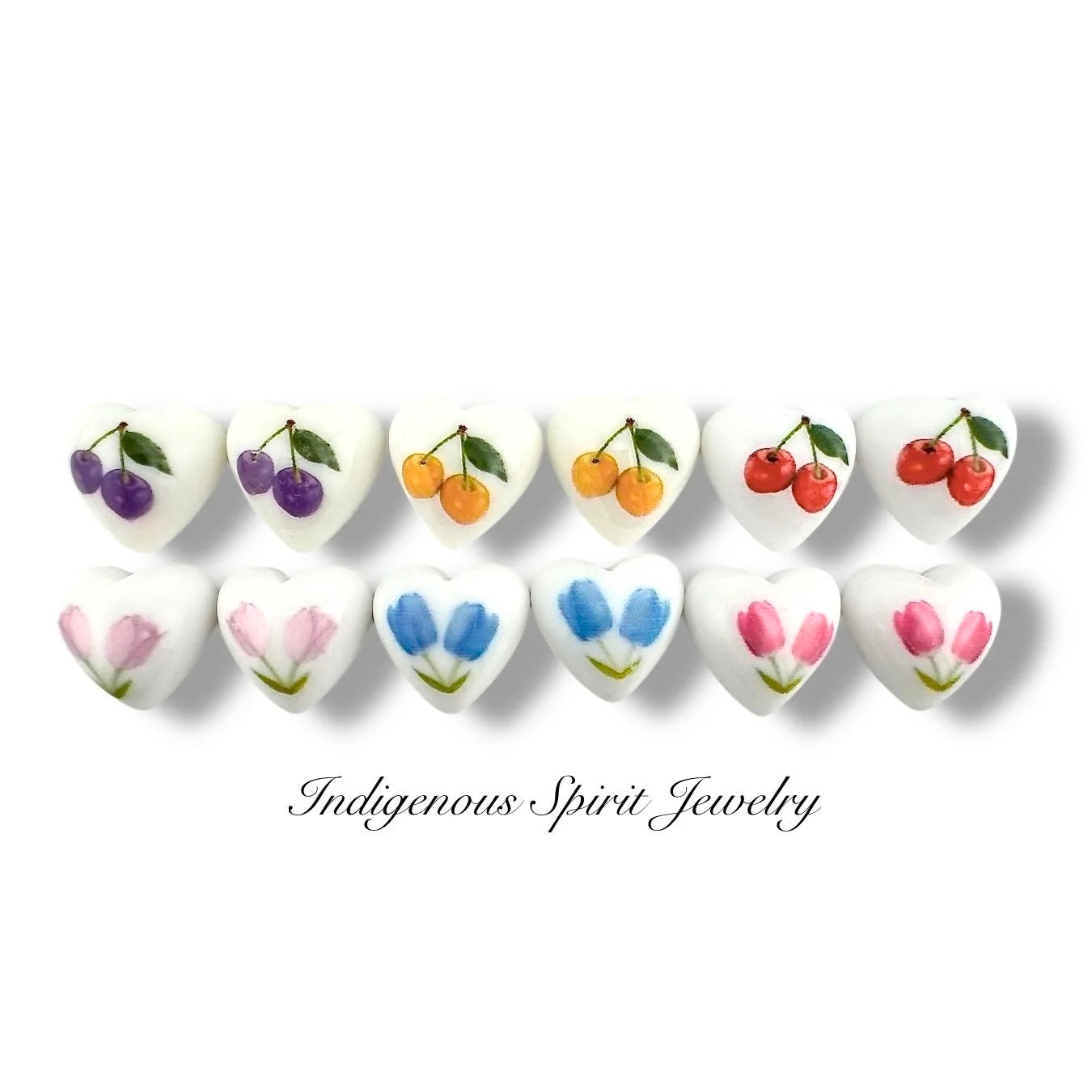 Mini Tulip & Cherries Heart Shaped Cabochons