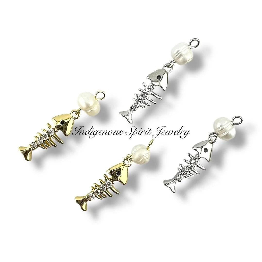 Fishbone 18k Gold Plated Charms with Zircon crystals & Mother of Pearl