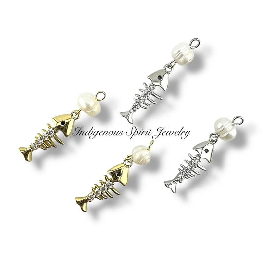Fishbone 18k Gold Plated Charms with Zircon crystals & Mother of Pearl