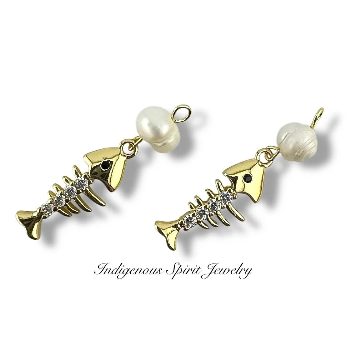 Fishbone 18k Gold Plated Charms with Zircon crystals & Mother of Pearl