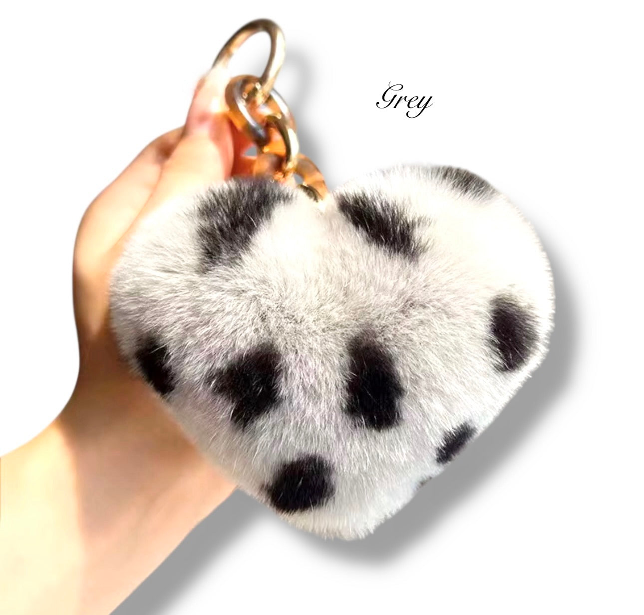 Leopard Print Heart Shaped Rabbit Fur Pom Pom Keychain
