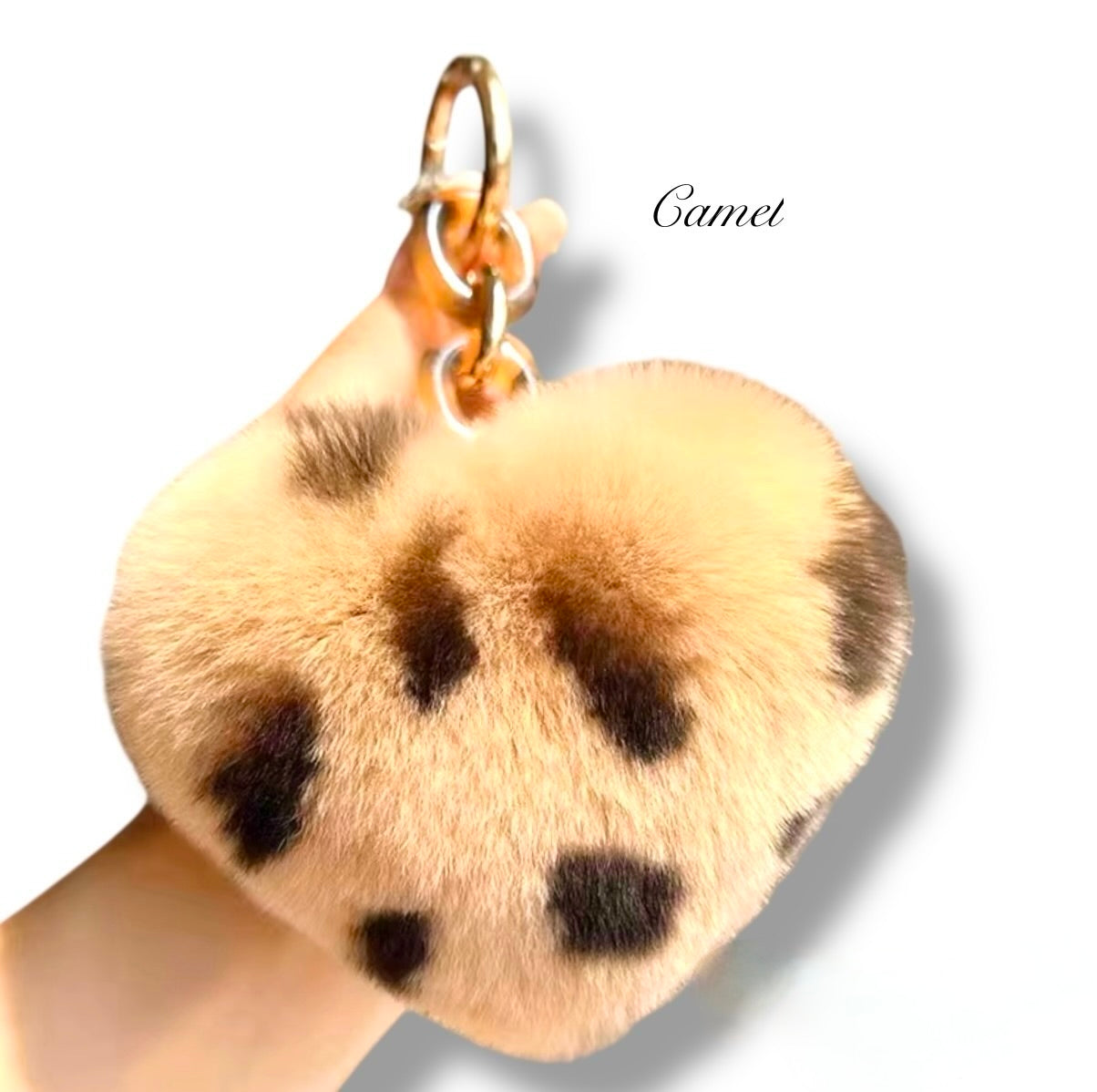 Leopard Print Heart Shaped Rabbit Fur Pom Pom Keychain