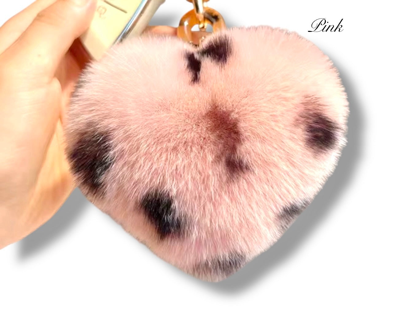 Leopard Print Heart Shaped Rabbit Fur Pom Pom Keychain