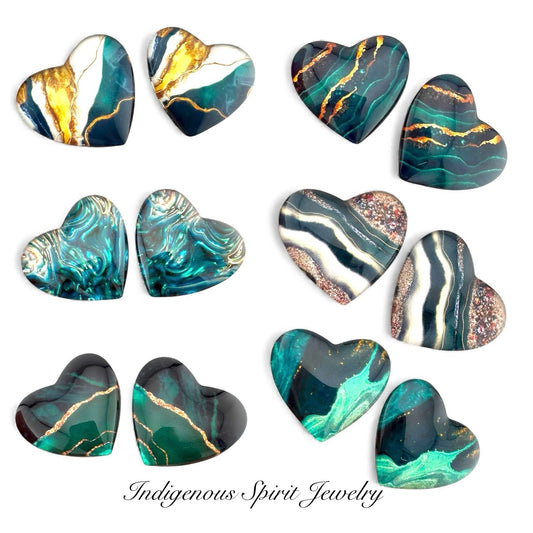 Glass Heart Flat Back Cabochons - Green Collection