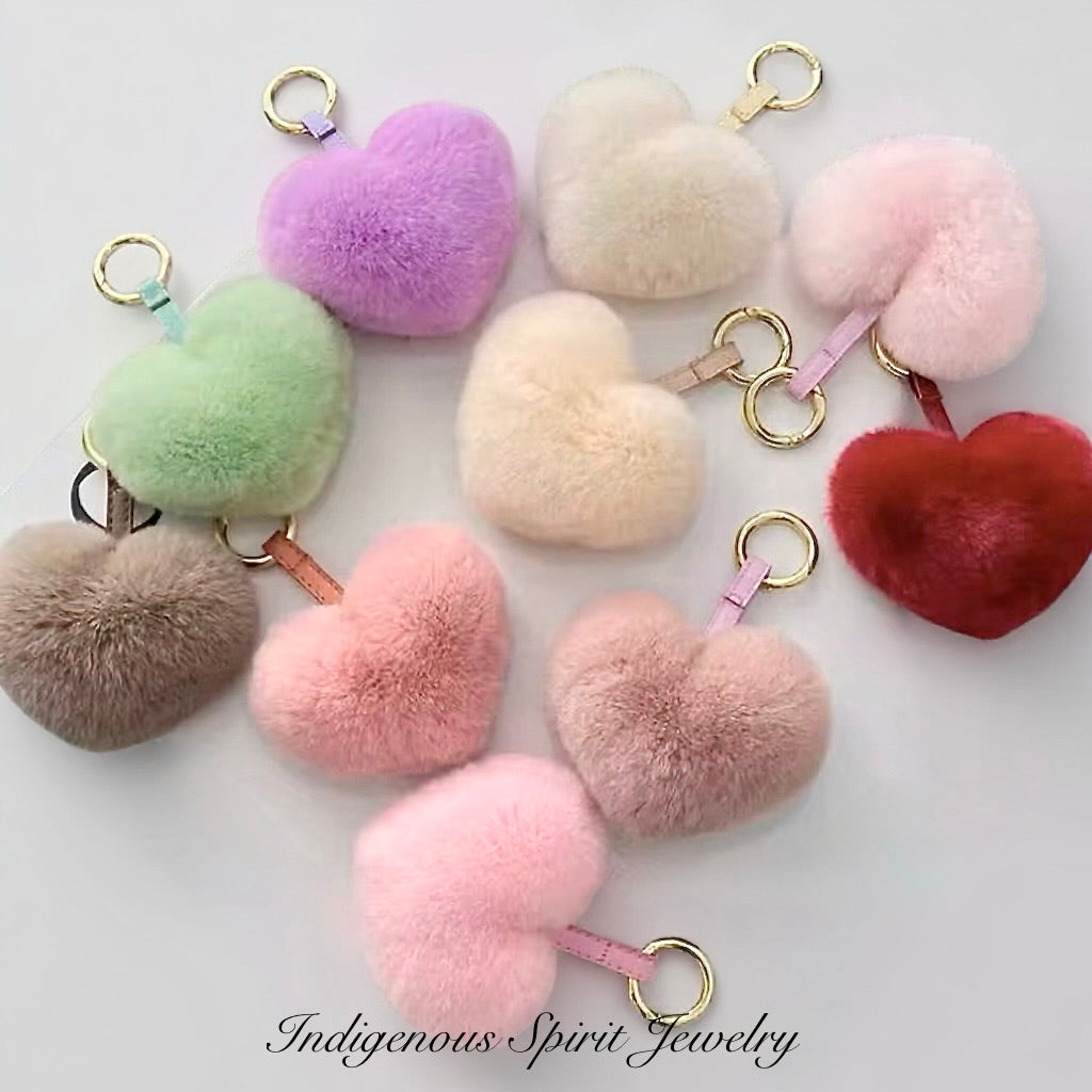 Heart Shaped Rabbit Fur Pom Pom Keychain