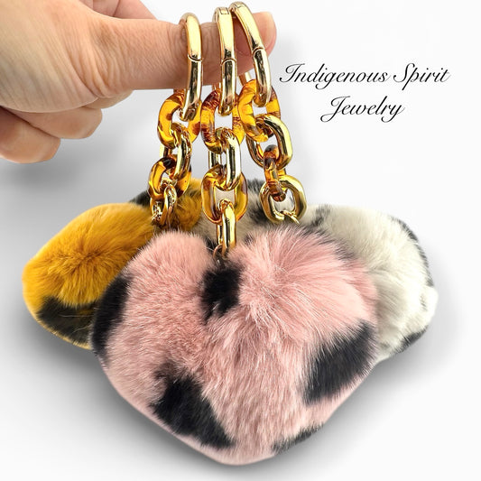 Leopard Print Heart Shaped Rabbit Fur Pom Pom Keychain