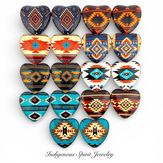 Navajo Inspired Pattern Glass Heart Cabochons